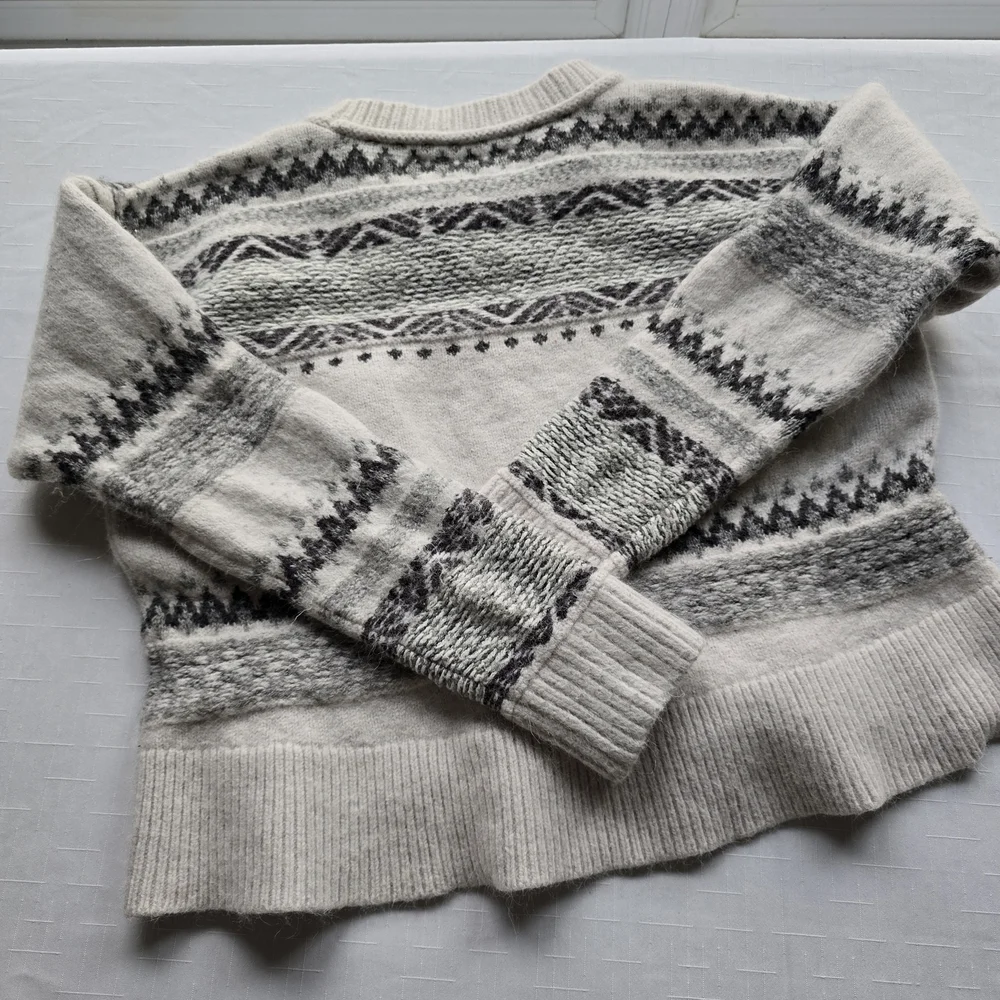 Lucky Brand Ivory and Charcoal Knit‎ Peplem Fair Isle Sweater Alpaca Wool